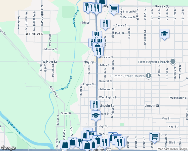 map of restaurants, bars, coffee shops, grocery stores, and more near 911 North 6th Street in Beatrice