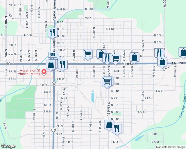 map of restaurants, bars, coffee shops, grocery stores, and more near 2011 South B Street in Elwood