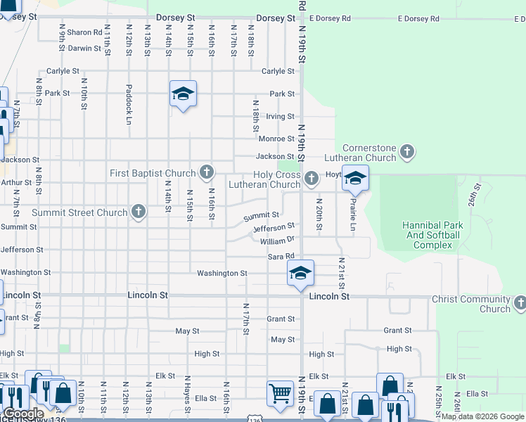 map of restaurants, bars, coffee shops, grocery stores, and more near 1718 Jefferson Street in Beatrice