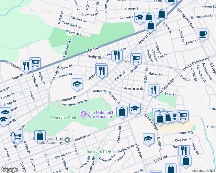 map of restaurants, bars, coffee shops, grocery stores, and more near 39 South 24th Street in Harrisburg