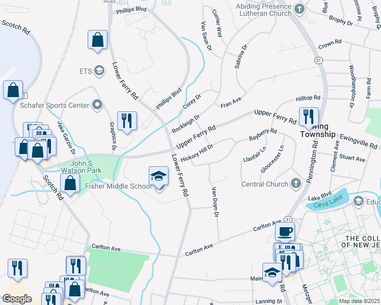 map of restaurants, bars, coffee shops, grocery stores, and more near 6 Hickory Hill Drive in Ewing Township