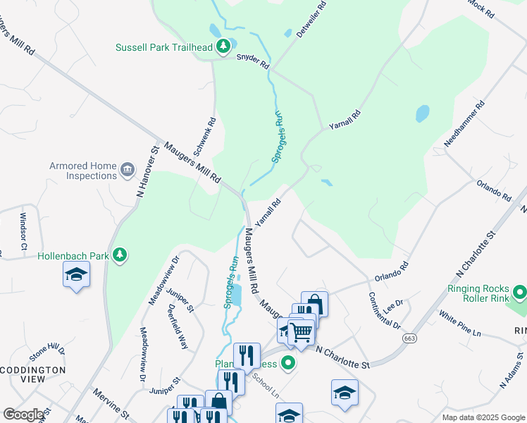 map of restaurants, bars, coffee shops, grocery stores, and more near 1517 Yarnall Road in Pottstown