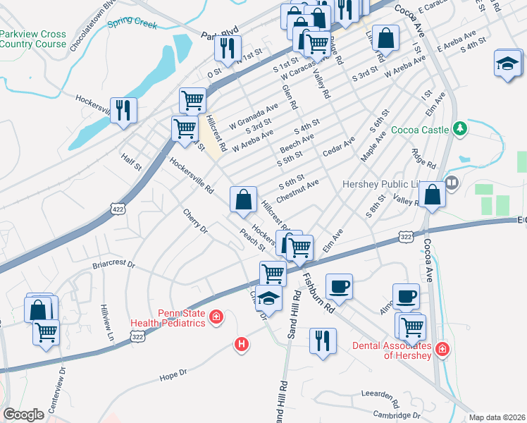 map of restaurants, bars, coffee shops, grocery stores, and more near 441 Hockersville Road in Hershey