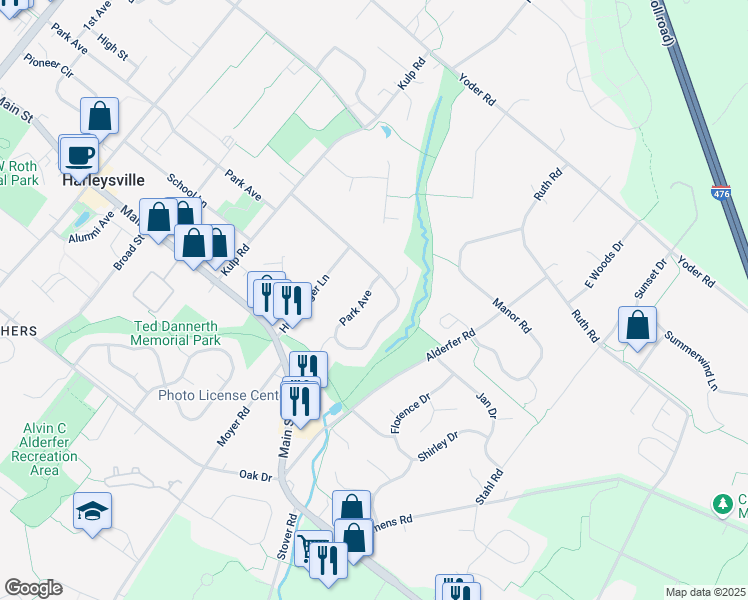 map of restaurants, bars, coffee shops, grocery stores, and more near 266 Park Avenue in Harleysville