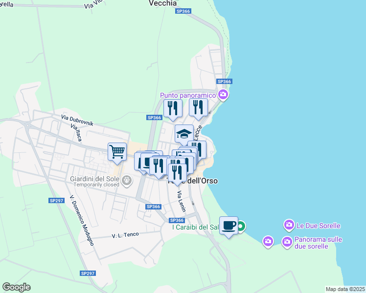 map of restaurants, bars, coffee shops, grocery stores, and more near 10-13 Via Giacomo Leopardi in Torre Dell'orso