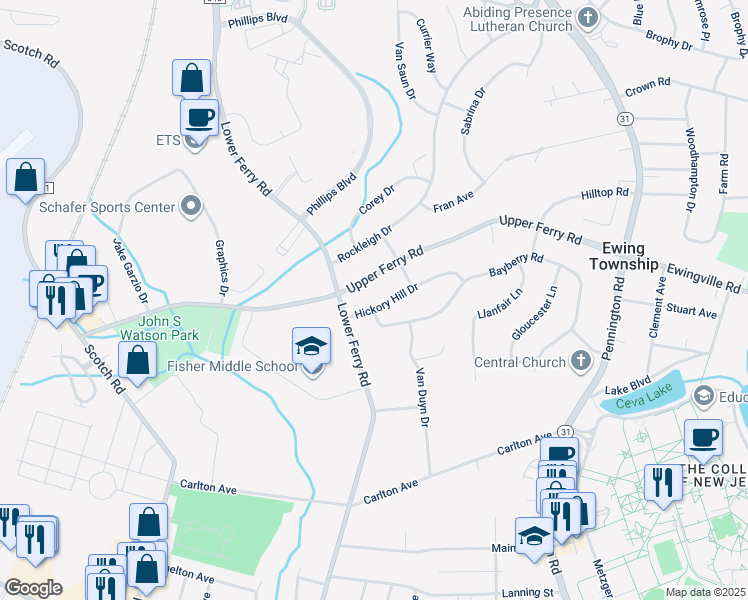 map of restaurants, bars, coffee shops, grocery stores, and more near 6 Hickory Hill Drive in Ewing Township