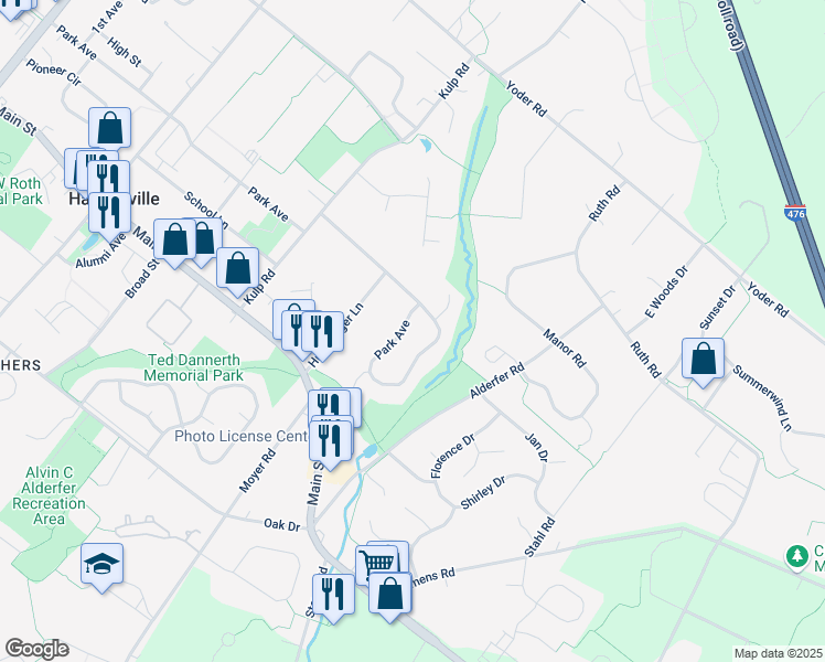 map of restaurants, bars, coffee shops, grocery stores, and more near 266 Park Avenue in Harleysville