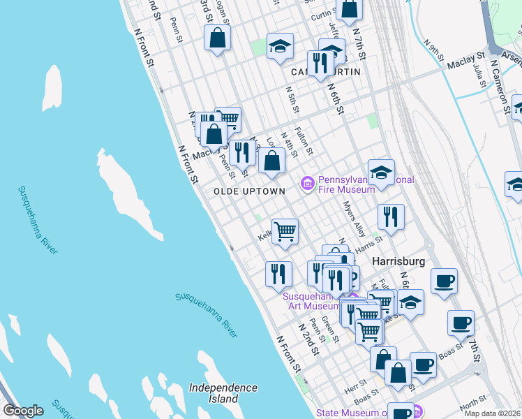 map of restaurants, bars, coffee shops, grocery stores, and more near 1804 Green Street in Harrisburg