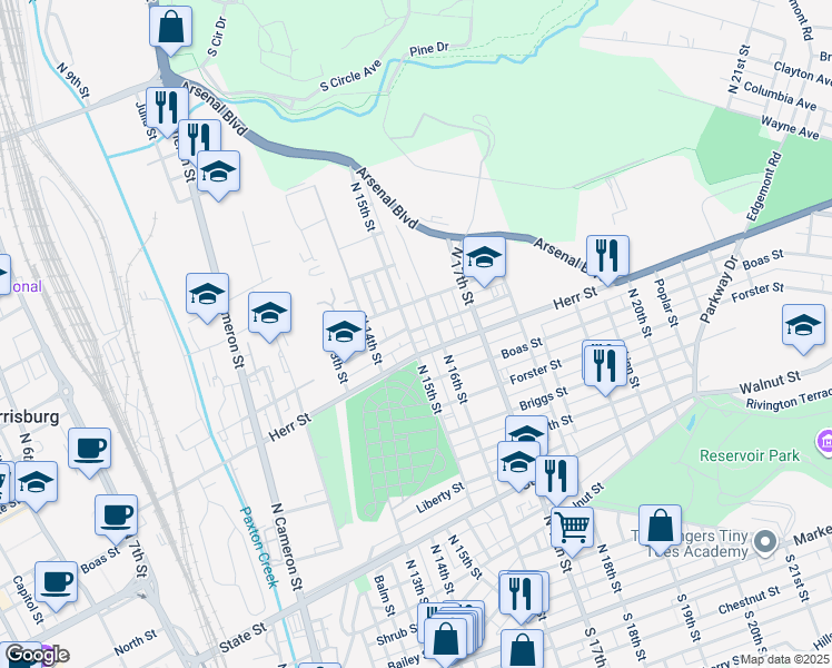 map of restaurants, bars, coffee shops, grocery stores, and more near 1121 North 15th Street in Harrisburg
