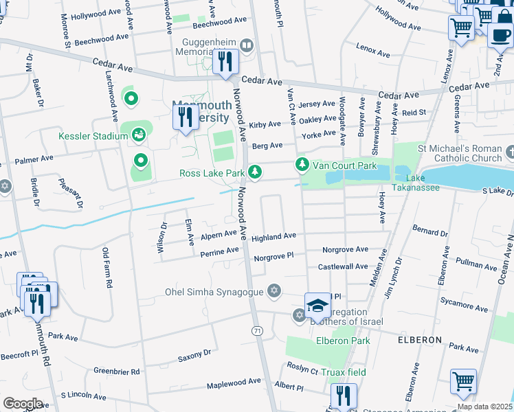 map of restaurants, bars, coffee shops, grocery stores, and more near 749 Norwood Avenue in Long Branch