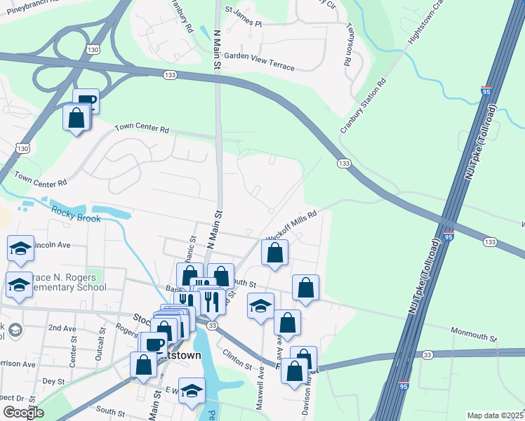 map of restaurants, bars, coffee shops, grocery stores, and more near 16 Dennis Court in Hightstown