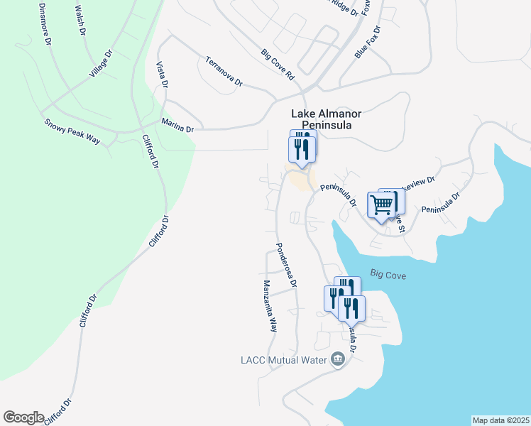 map of restaurants, bars, coffee shops, grocery stores, and more near 443 Cedar Circle in Lake Almanor Peninsula