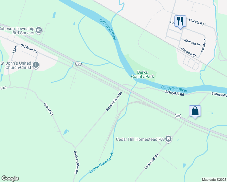 map of restaurants, bars, coffee shops, grocery stores, and more near 22 Old River Road in Birdsboro