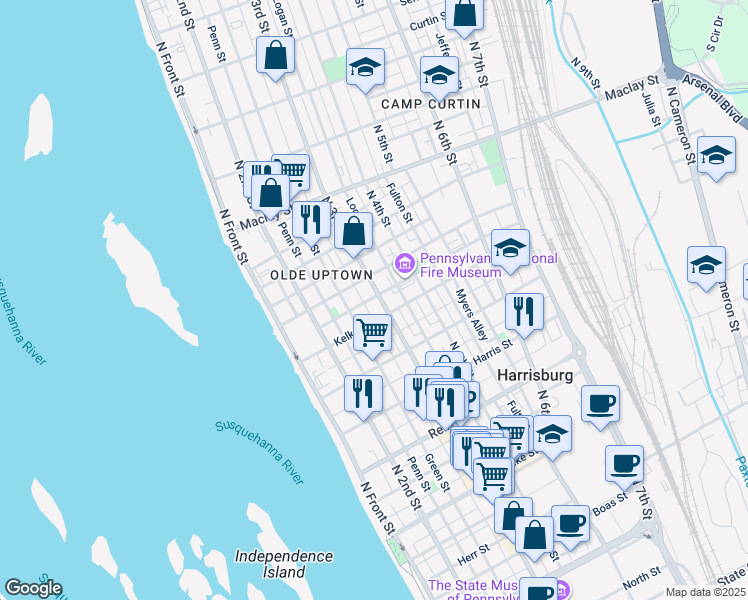 map of restaurants, bars, coffee shops, grocery stores, and more near 1818 North 3rd Street in Harrisburg