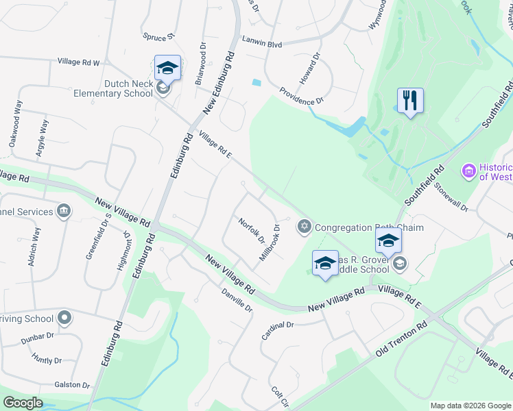 map of restaurants, bars, coffee shops, grocery stores, and more near 41 Millbrook Drive in West Windsor Township