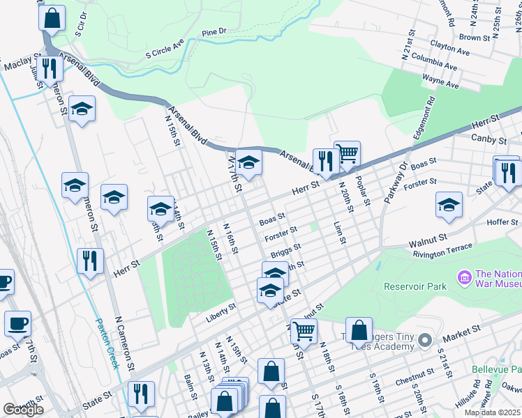 map of restaurants, bars, coffee shops, grocery stores, and more near 1719 Boas Street in Harrisburg