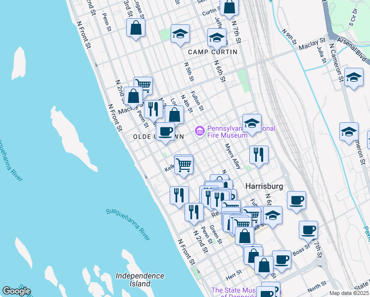 map of restaurants, bars, coffee shops, grocery stores, and more near 1818 North 3rd Street in Harrisburg