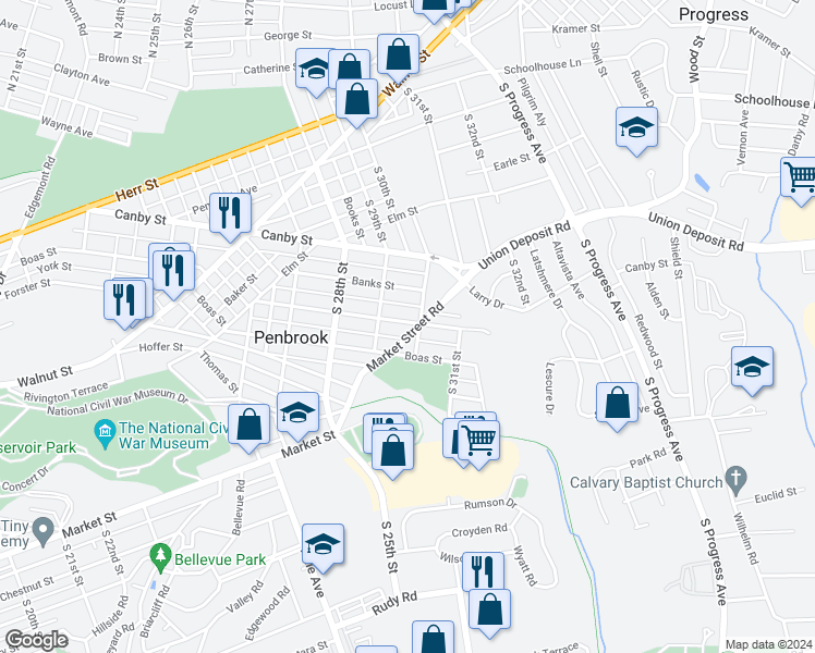 map of restaurants, bars, coffee shops, grocery stores, and more near 2921 Butler Street in Harrisburg