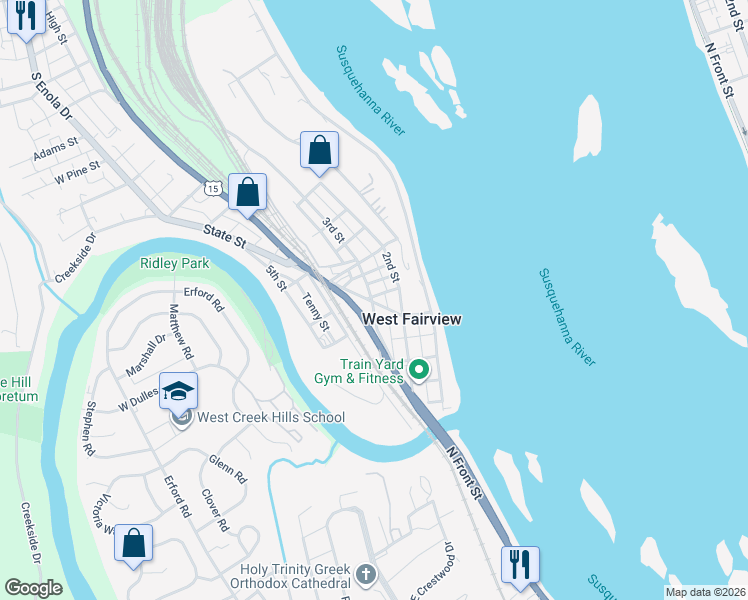 map of restaurants, bars, coffee shops, grocery stores, and more near 254 Clay Street in West Fairview