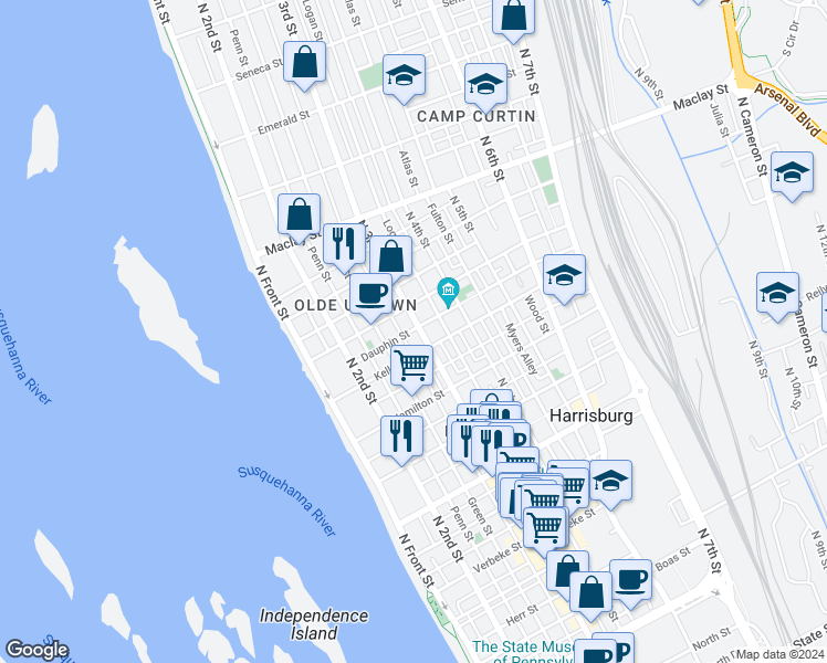 map of restaurants, bars, coffee shops, grocery stores, and more near 1738 North 3rd Street in Harrisburg