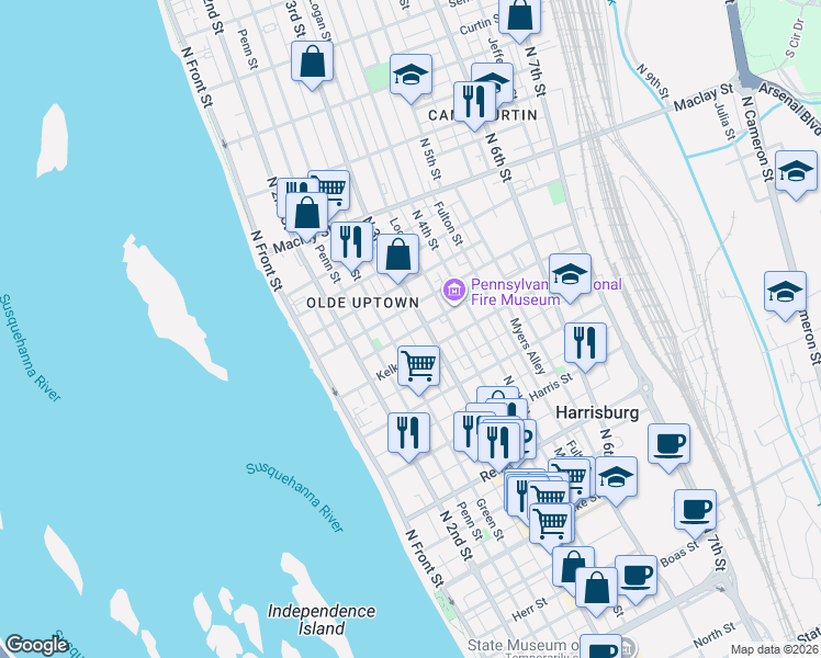map of restaurants, bars, coffee shops, grocery stores, and more near 1804 Green Street in Harrisburg