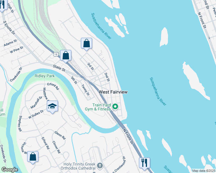map of restaurants, bars, coffee shops, grocery stores, and more near in West Fairview