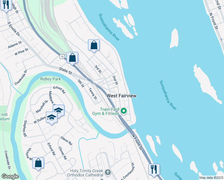 map of restaurants, bars, coffee shops, grocery stores, and more near in West Fairview