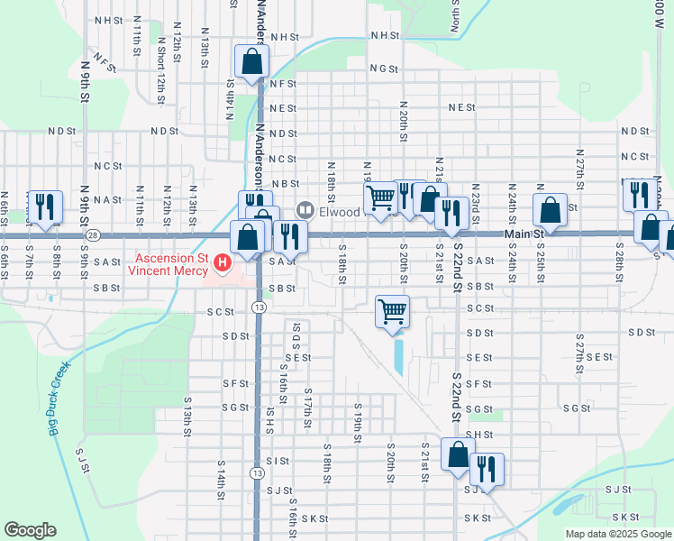 map of restaurants, bars, coffee shops, grocery stores, and more near 1807 South B Street in Elwood
