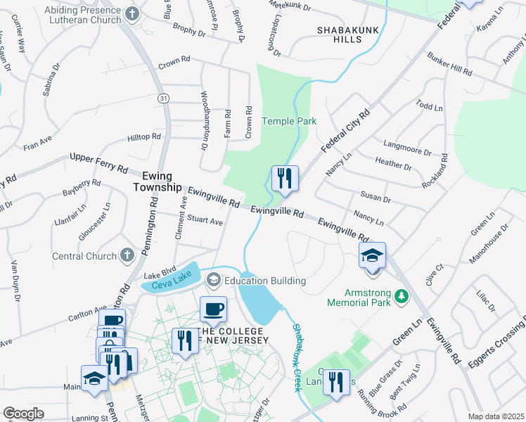 map of restaurants, bars, coffee shops, grocery stores, and more near Ewingville Road in Ewing Township