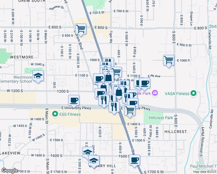 map of restaurants, bars, coffee shops, grocery stores, and more near 1200 State Street in Orem