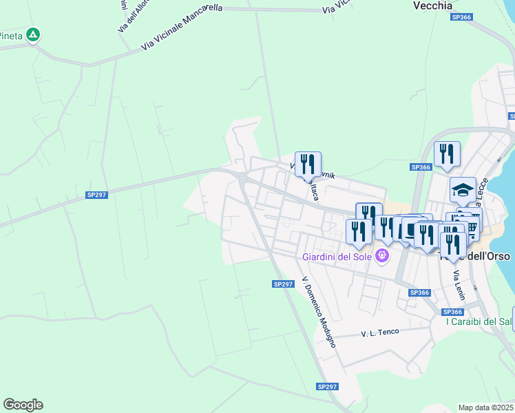 map of restaurants, bars, coffee shops, grocery stores, and more near 21 Via Carmelo Bene in Torre dell'Orso