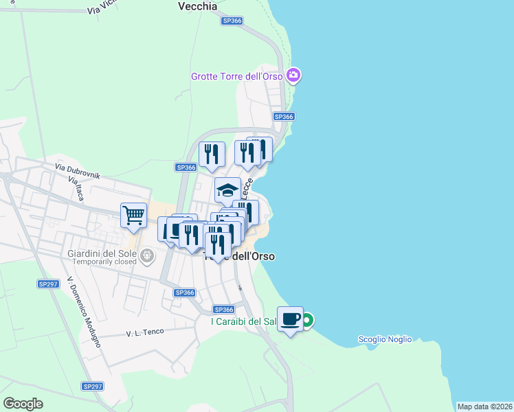 map of restaurants, bars, coffee shops, grocery stores, and more near 12 Via Filippo Turati in Torre Dell'Orso