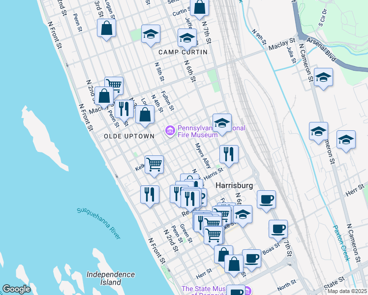 map of restaurants, bars, coffee shops, grocery stores, and more near 1729 North 4th Street in Harrisburg