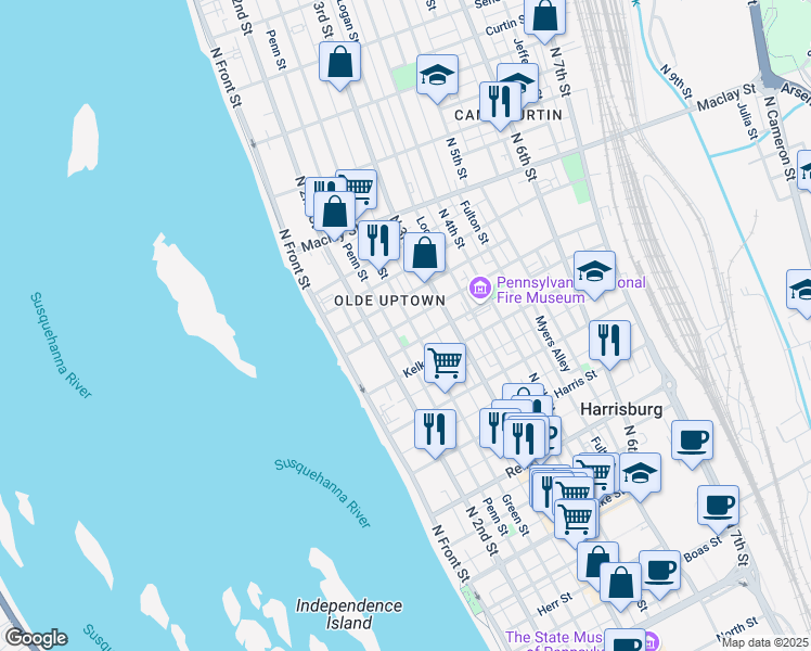 map of restaurants, bars, coffee shops, grocery stores, and more near 1836 Green Street in Harrisburg