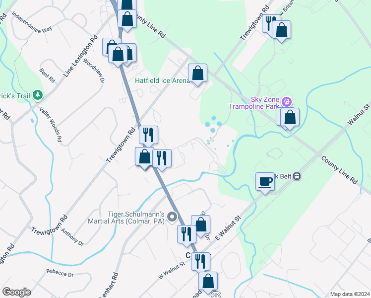 map of restaurants, bars, coffee shops, grocery stores, and more near 3015 Advance Lane in Colmar