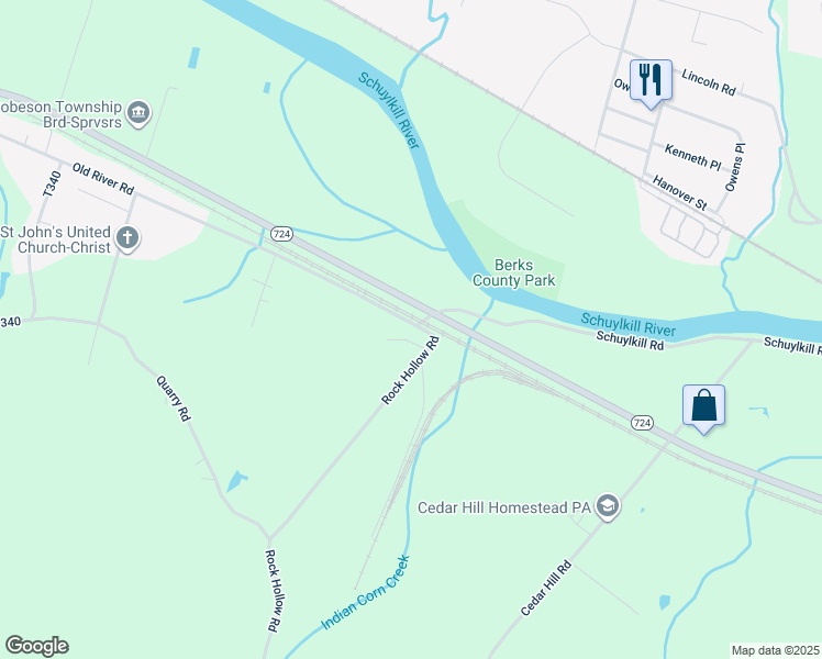 map of restaurants, bars, coffee shops, grocery stores, and more near 22 Old River Road in Birdsboro