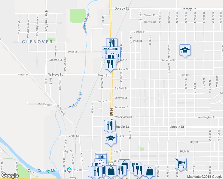 map of restaurants, bars, coffee shops, grocery stores, and more near 911 North 6th Street in Beatrice