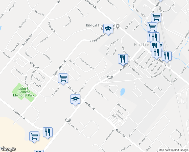 map of restaurants, bars, coffee shops, grocery stores, and more near 968 Hertford Drive in Hatfield