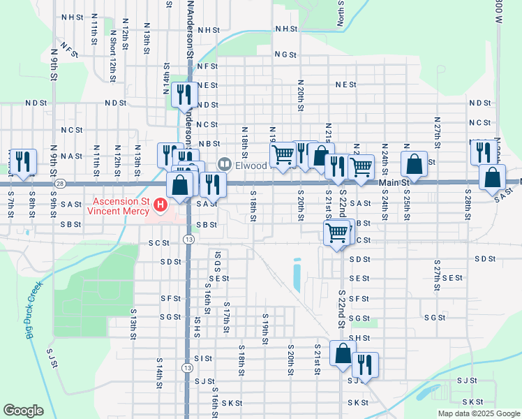 map of restaurants, bars, coffee shops, grocery stores, and more near 1808 South A Street in Elwood