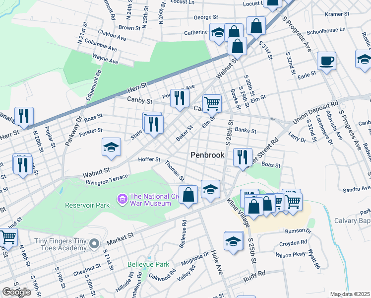 map of restaurants, bars, coffee shops, grocery stores, and more near 2528 Boas Street in Harrisburg