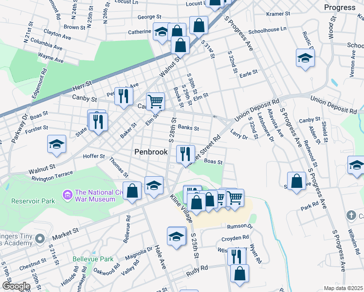 map of restaurants, bars, coffee shops, grocery stores, and more near 2818 Butler Street in Harrisburg
