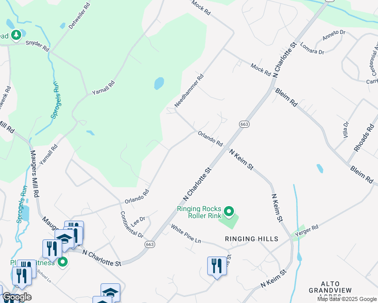 map of restaurants, bars, coffee shops, grocery stores, and more near 1952 Orlando Road in Pottstown