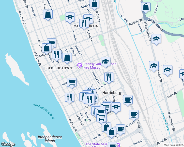 map of restaurants, bars, coffee shops, grocery stores, and more near 1723 Fulton Street in Harrisburg