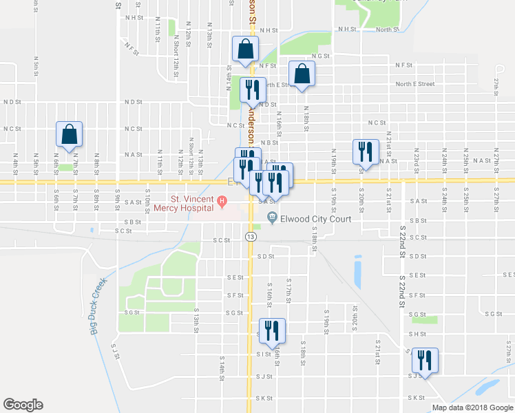 map of restaurants, bars, coffee shops, grocery stores, and more near 201 South Anderson Street in Elwood