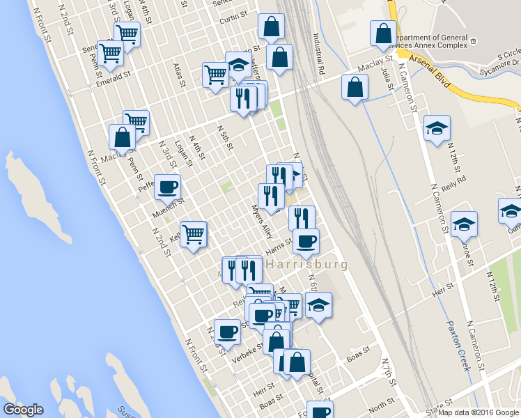 map of restaurants, bars, coffee shops, grocery stores, and more near 1718 North 5th Street in Harrisburg