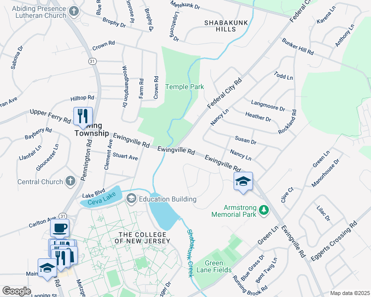 map of restaurants, bars, coffee shops, grocery stores, and more near 8 Federal City Road in Ewing Township