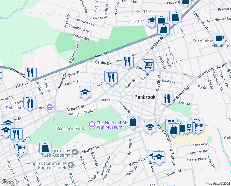 map of restaurants, bars, coffee shops, grocery stores, and more near 2332 Walnut Street in Harrisburg
