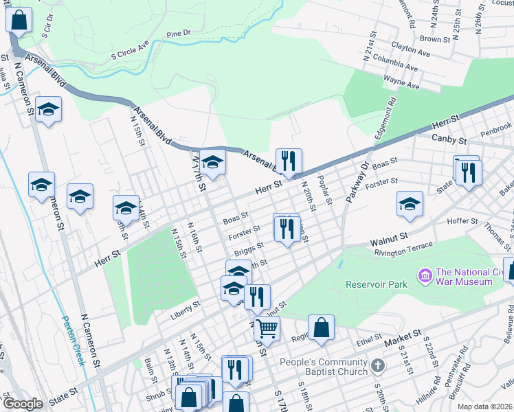 map of restaurants, bars, coffee shops, grocery stores, and more near 1831 Herr Street in Harrisburg
