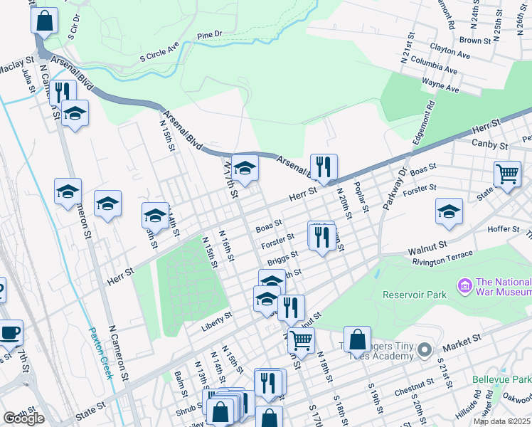 map of restaurants, bars, coffee shops, grocery stores, and more near 1116 North 18th Street in Harrisburg