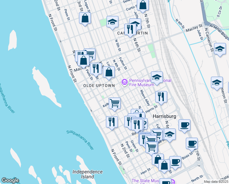 map of restaurants, bars, coffee shops, grocery stores, and more near 317 Muench Street in Harrisburg